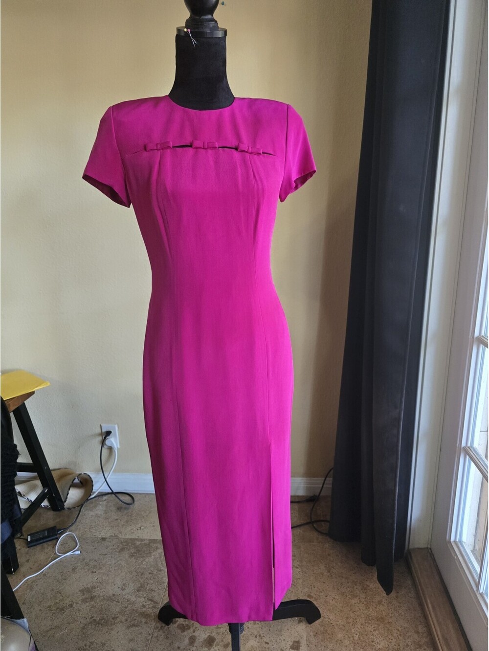 Vintage Papell Petites Pink 100%Silk Sheath Dress Side Slit Bow accents Midi